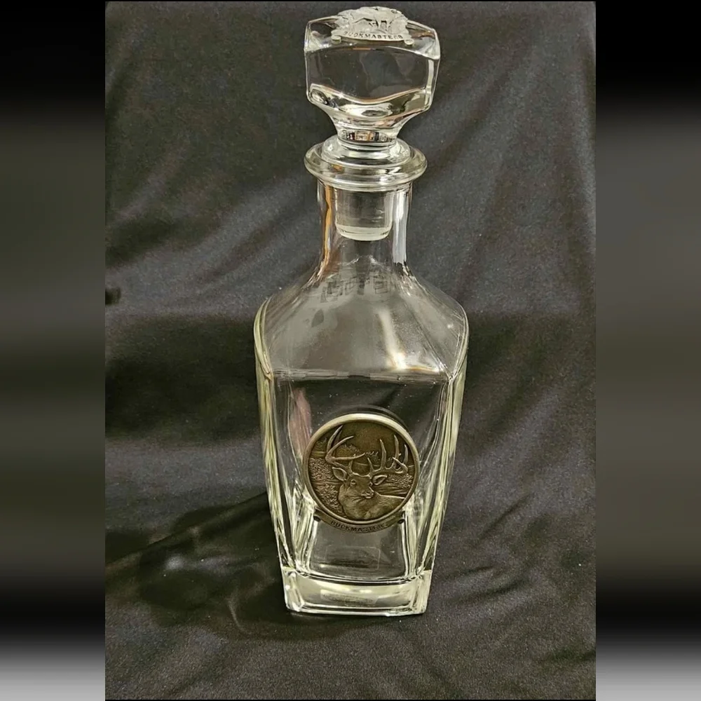Buckmaster Pewter Whitetail Deer Heritage Metalworks Crystal Glass Vtg Decanter